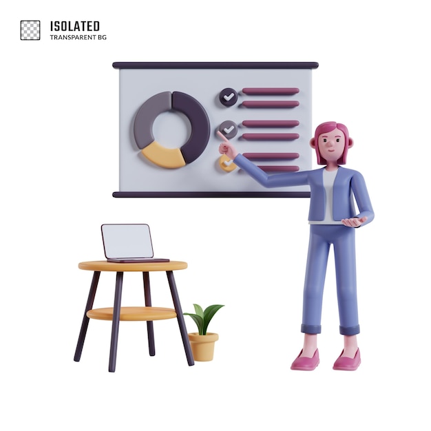 pinkhaired woman presenting a marketing data infographic