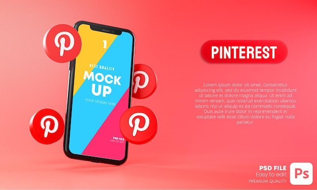 Иконки pinterest вокруг приложения для смартфона мокап 3d