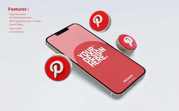 Pinterest mockup on mobile phone with 3d icon