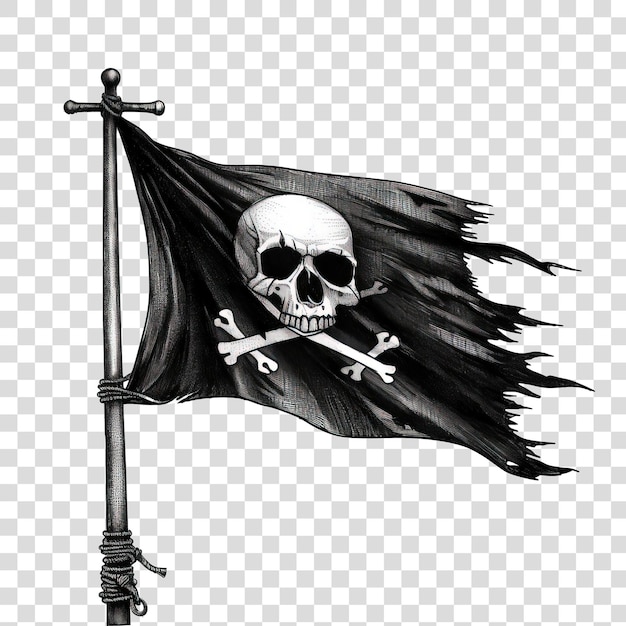 PSD pirate flag with black and white skull logo isolated on transparent background png