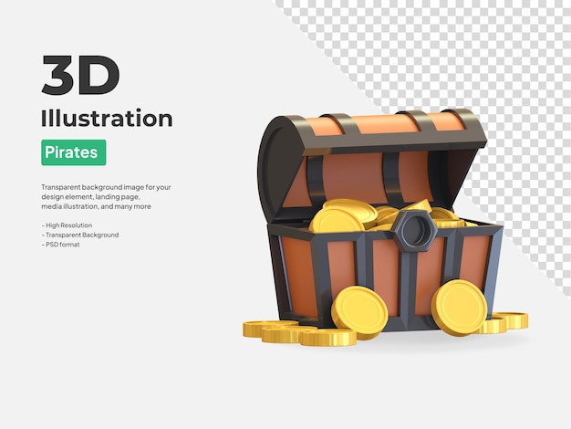 Pirates treasure chest coin icon 3d render illustration