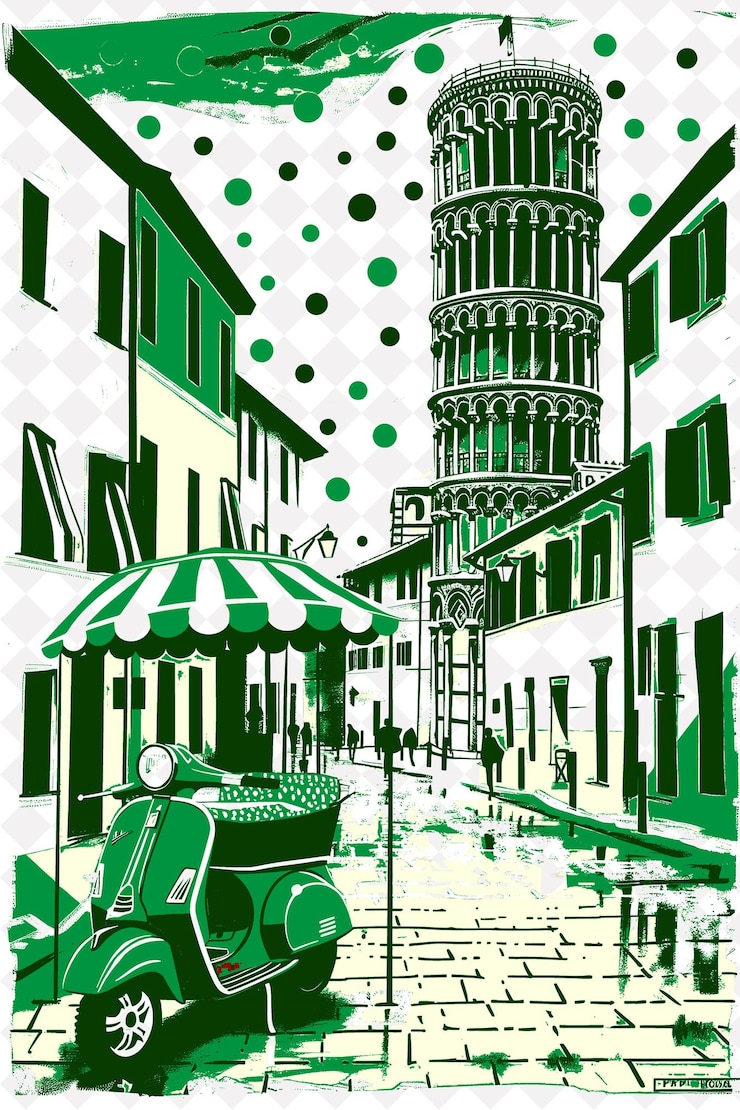 PSD pisa landscape with vespa on the street and a gelato cart in italy culture illustration design