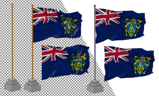 Pitcairn islands flag waving different style with stand pole isolated 3d rendering