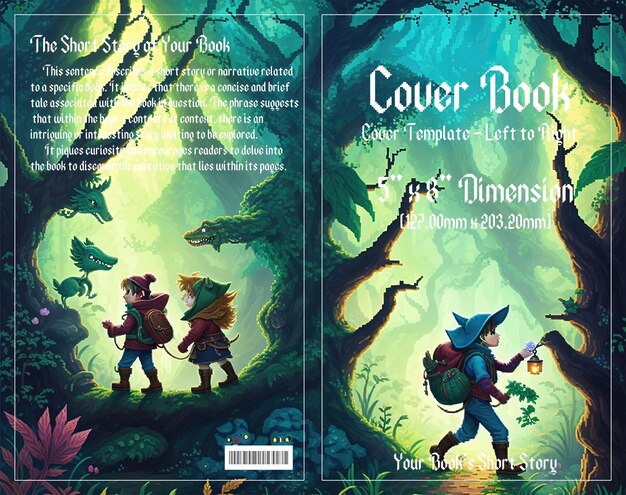 PSD pixel adventure enchanting cover for children's book set in dark forests enjoy with psd file