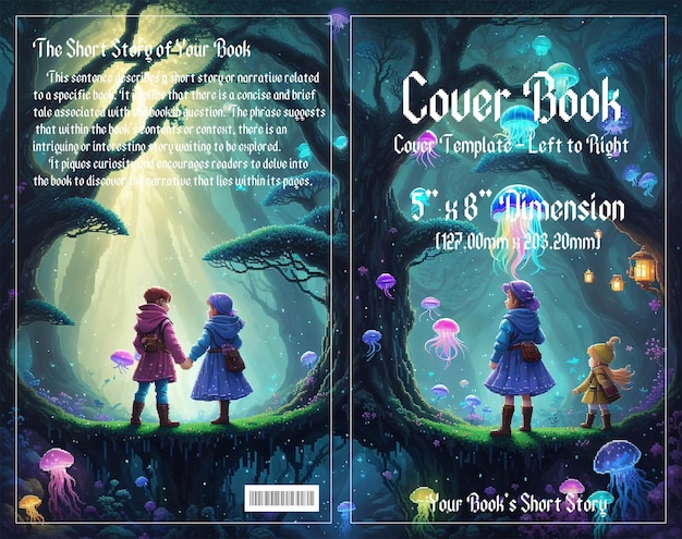 PSD pixel adventure enchanting cover for children's book set in dark forests enjoy with psd file