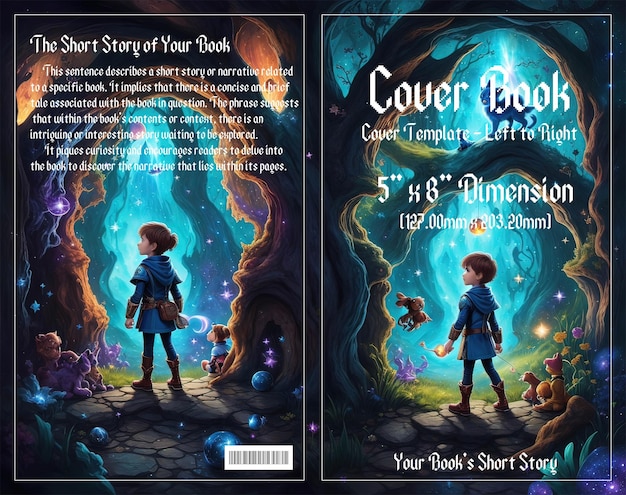 PSD pixel adventure enchanting cover voor kinderboeken set in dark forests geniet met psd-bestand