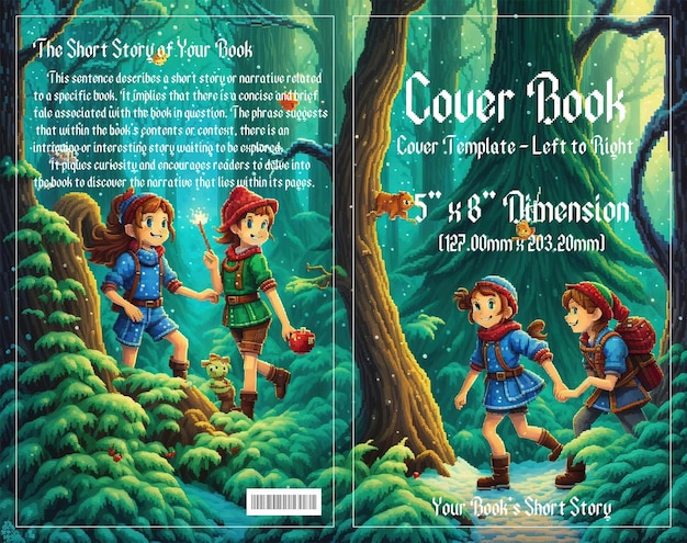 Pixel adventure enchanting cover voor kinderboeken set in dark forests geniet met psd-bestand