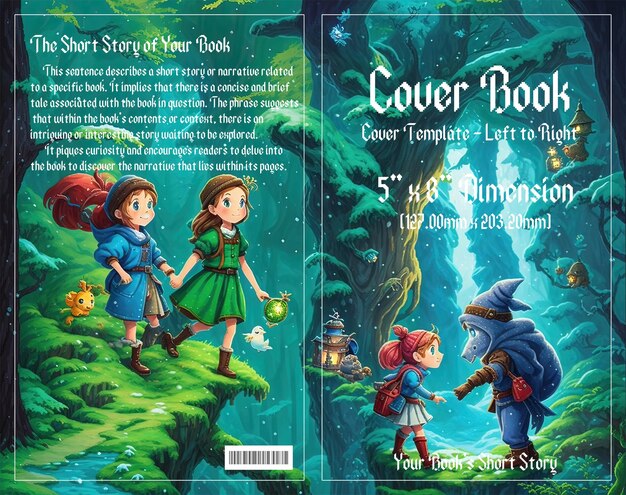 PSD pixel adventure enchanting cover voor kinderboeken set in dark forests geniet met psd-bestand