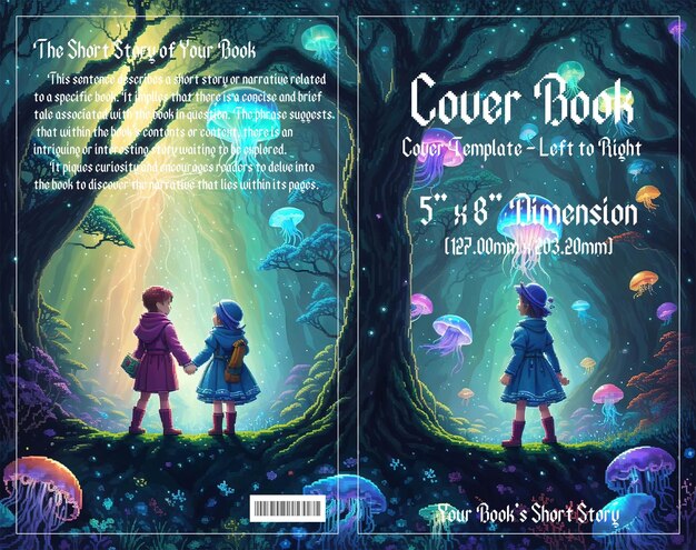 PSD pixel adventure enchanting cover voor kinderboeken set in dark forests geniet met psd-bestand