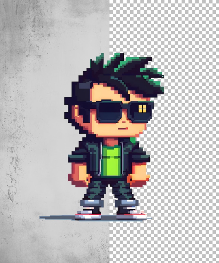 PSD pixel art boy character with sunglasses isolated on transparent background game character