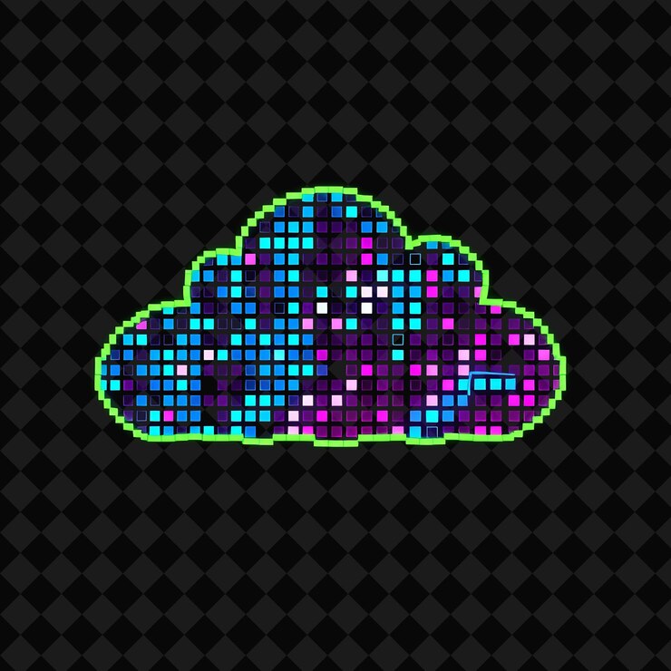 PSD 작은 사각형으로 구성된 픽셀 아트 클라우드 (pixel art cloud) 8비트 디자인과 레트로 게임 미학 클래식 네온 (classic neon)