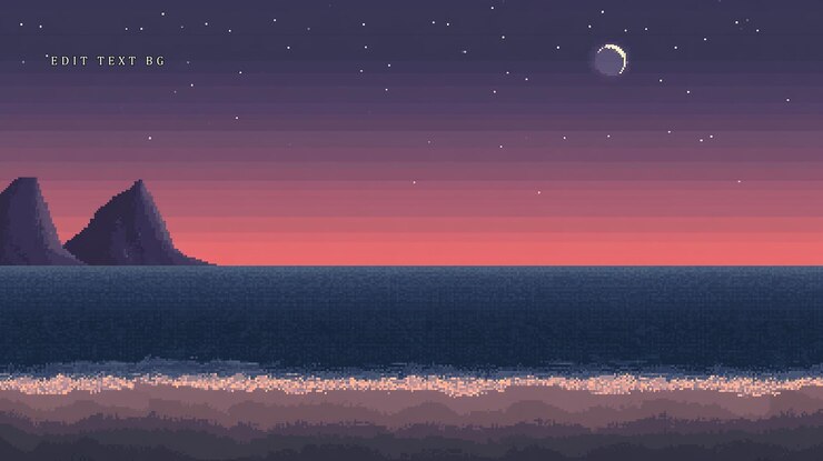 PSD pixel art of a serene sunset over ocean with two mountains and crescent moon