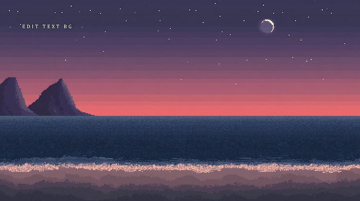 PSD pixel art of a serene sunset over ocean with two mountains and crescent moon