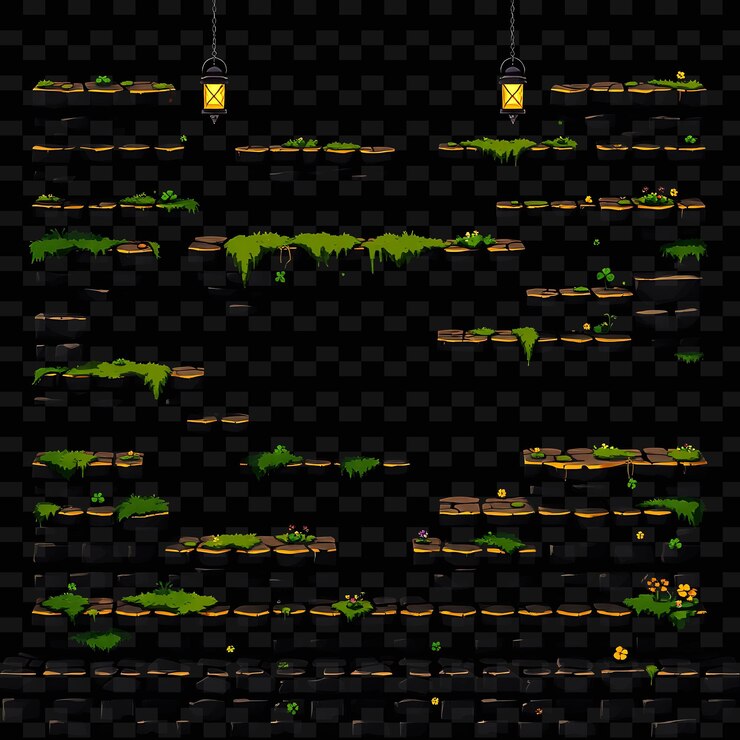 PSD pixel cobblestones moss lanterns clovers worn cobblestones moss creeping between the game assetc