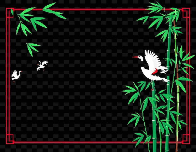 pixel crane winged border frame bamboo leaves growing upwards cranes fl png chinese frame styley