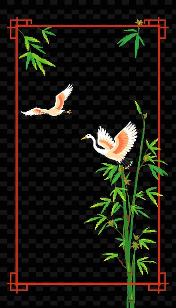 pixel crane winged border frame bamboo leaves growing upwards cranes fl png chinese frame styley