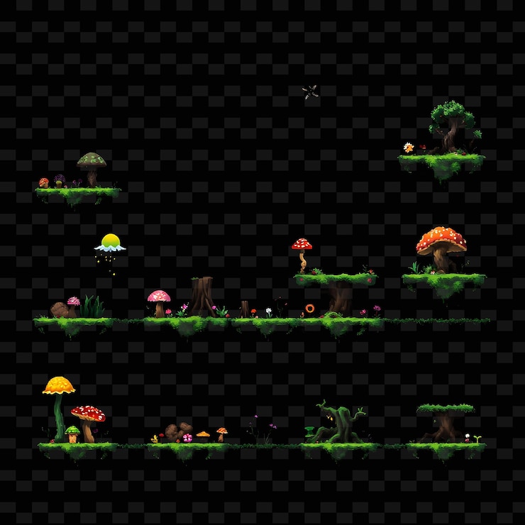 PSD pixel fungi spores tree stumps mist pixel ground with various fungi growing spores fl game asseto