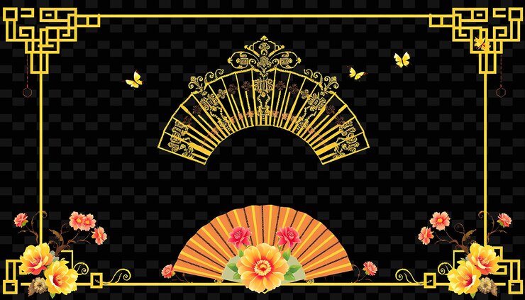 PSD pixel golden fan border frame fans open and stretch along the edges deco png chinese frame styler