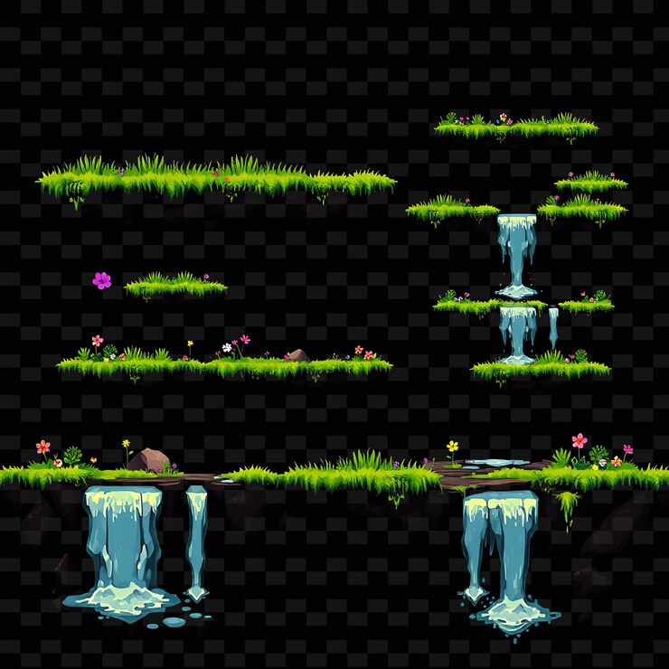 PSD pixel grass flowers stones waterfalls lush grass with soft texture wildflowers in var game asseti