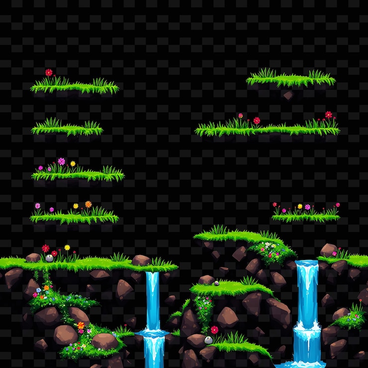 PSD pixel grass flowers stones waterfalls lush grass with soft texture wildflowers in var game asseti