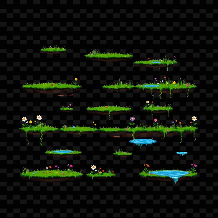PSD pixel grass flowers vines ponds lush grass swaying gently wildflowers in bright color game assets