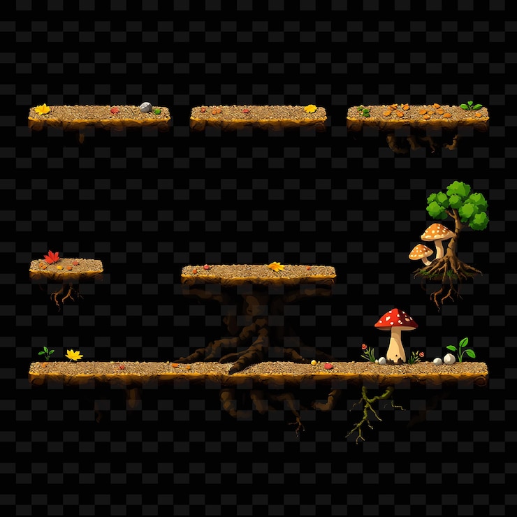 PSD pixel gravel fallen leaves roots mushrooms pixel ground with gravel underfoot fallen game assetl
