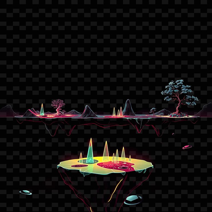 PSD pixel liquid glass energy spikes cyber trees neon fog ground consists of liquid glass game asset