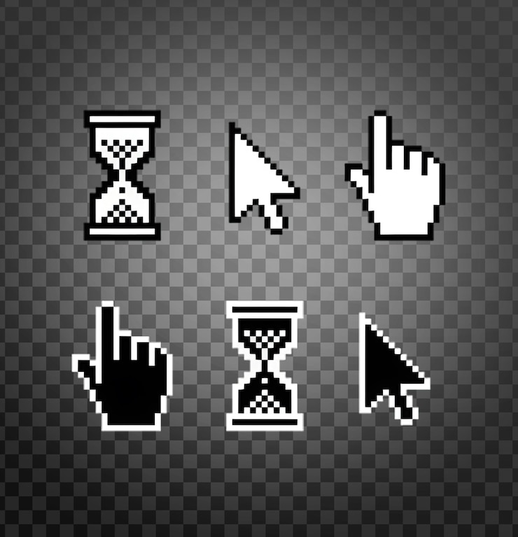 PSD pixel mouse cursors over white hand drag arrow pointer on a transparent background