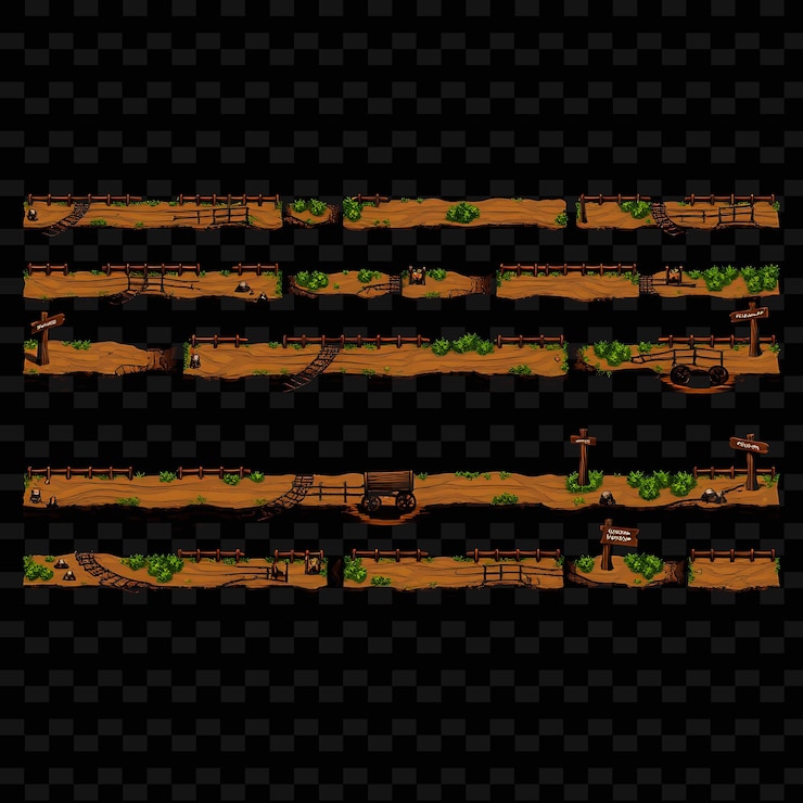 PSD pixel muddy trails wagon tracks wooden fences signs muddy trails with deep ruts wagon game asset