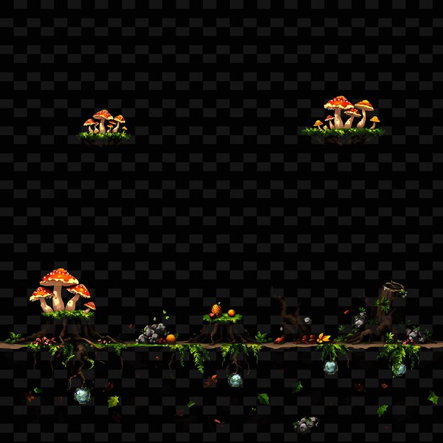 Pixel Mushrooms Tree Roots Fallen Leaves Lichen Pixel Ground With Mushrooms Growing i Game Assetn
