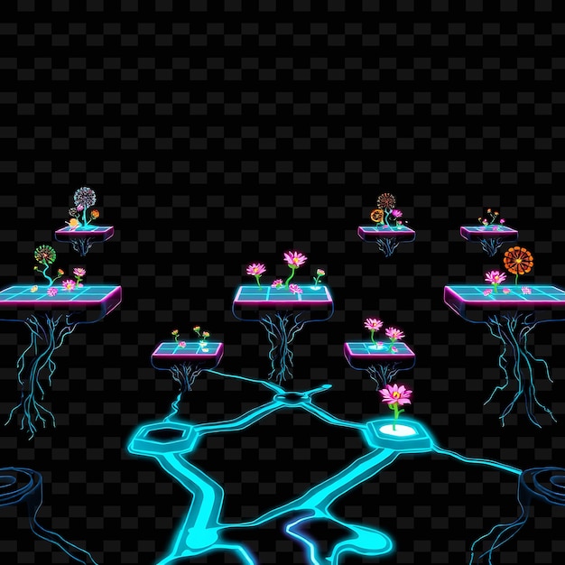 Pixel Neon Grids Energy Pods Pixel Flowers Glowing Roots Ziemia jest śledzona przez Neon Gri Game Assetd