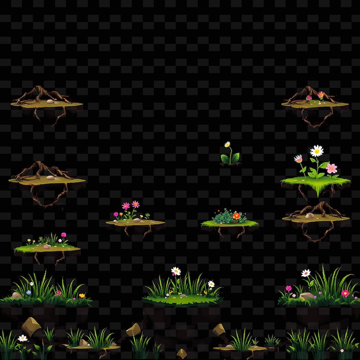 PSD pixel roots pebbles flowers grass twisted roots scattered pebbles with a natural shin game assete