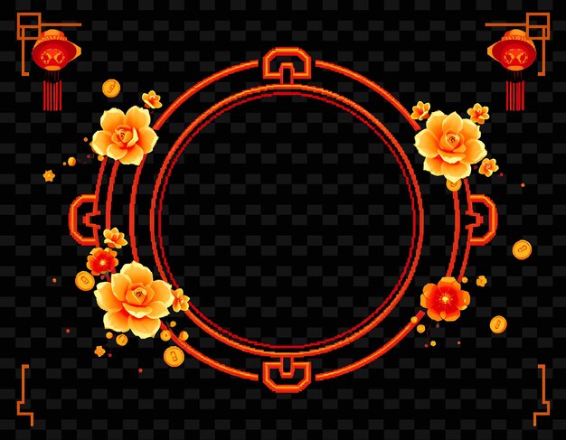 pixel round chinese knot frame gold coins and orange blossoms dancing al png chinese frame styleo