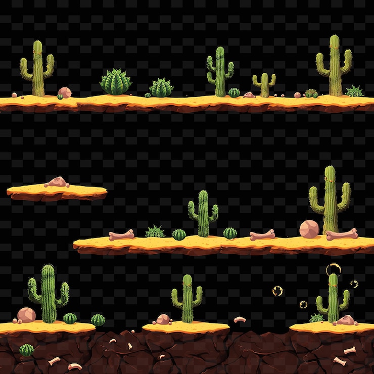 PSD pixel sand cacti bones tumbleweeds grainy sand with subtle shading prickly cacti in v game asseta