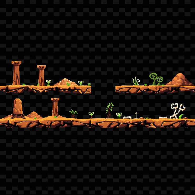 PSD pixel sand stone pillars desert plants bones warm sand with pixelated grains ancient game assets
