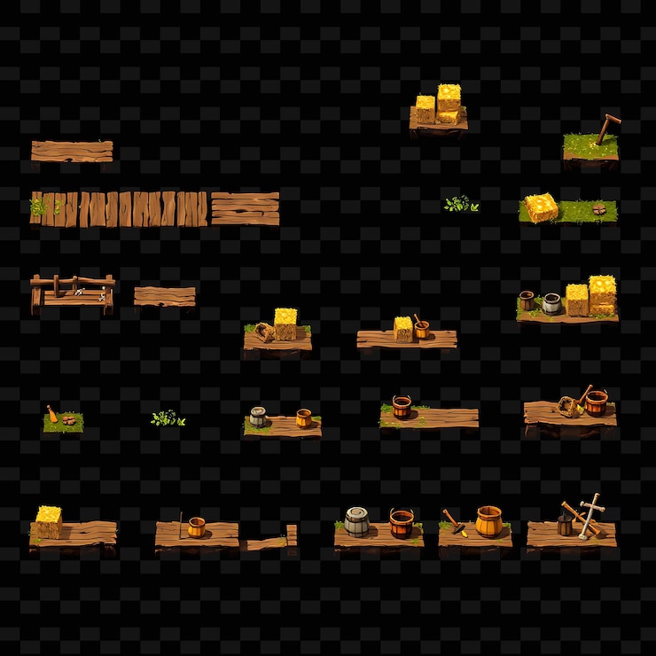 PSD pixel wooden planks hay bales buckets tools wooden planks laid out as a pathway hay b game asseta