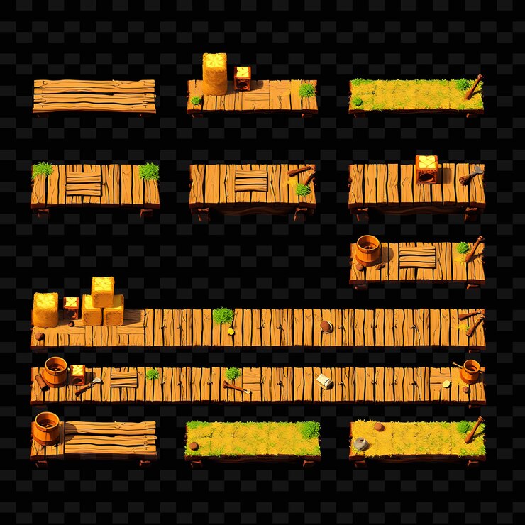 PSD pixel wooden planks hay bales buckets tools wooden planks laid out as a pathway hay b game asseta