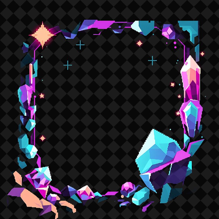 PSD pixelated frame on jet black background bursting with vivid and high isolated pixel frame game decor