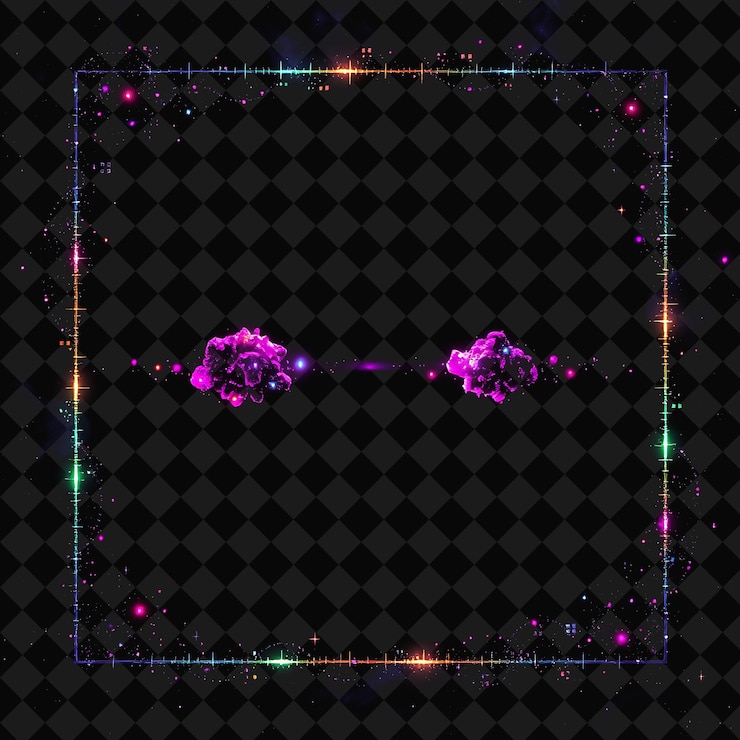 PSD pixelated frame on jet black background bursting with vivid and high isolated pixel frame game decor