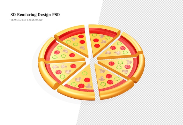 Pizza 3d jest podzielona nożem do pizzy na 8 identycznych kawałków. pizza z grzybami renderowanie 3d