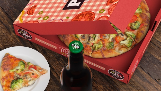 Pizza box mockup and bottle