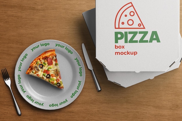 Pizza box packaging and plate mockup delivery takeaway concept fastfood kitchen arrangement isolated