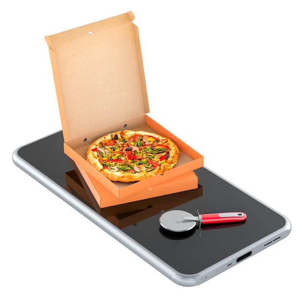 スマートフォンでピザを注文する - 透明な背景に隔離された3Dレンダリング