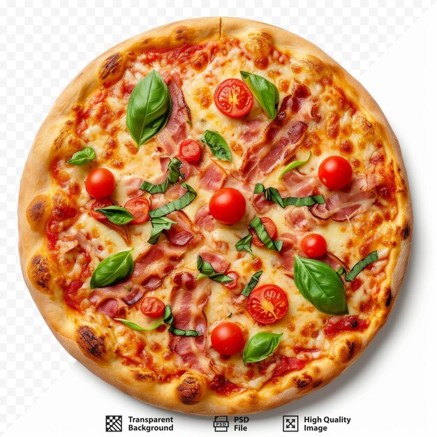 PSD pizza capricciosa z serowym bekonem, pomidorami i bazylią na białym, odizolowanym tle widok z góry