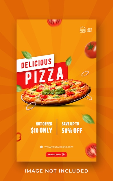 Modello di banner di storia di instagram di media sociali di promozione del menu di cibo della pizza