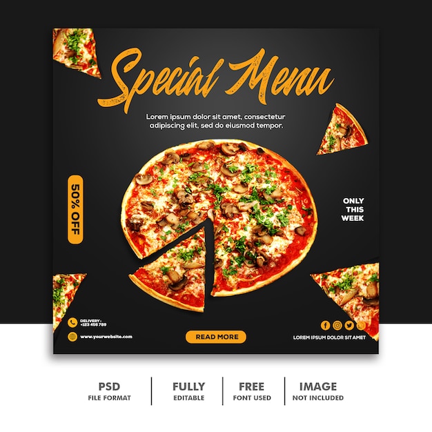Modello sociale dell'insegna della posta di media sociali dell'alimento della pizza