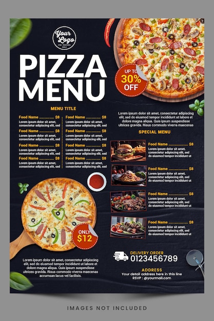 PSD pizza menu food promotion premium template (vormaalstijl voor het promoten van pizza)