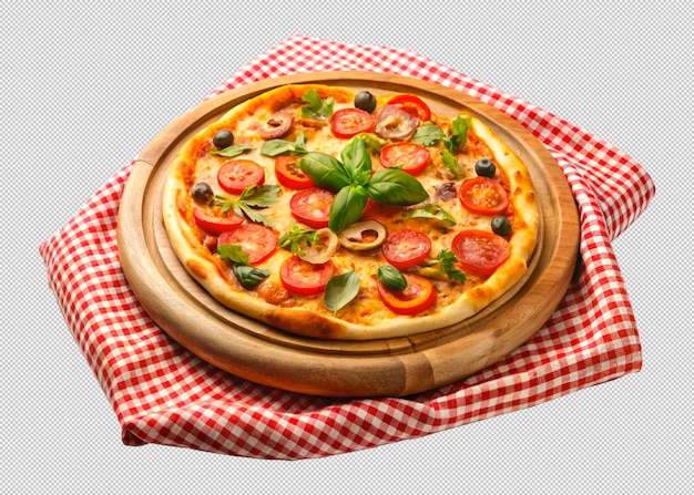 pizza op een houten bordplaat met een doek op een doorzichtige achtergrond