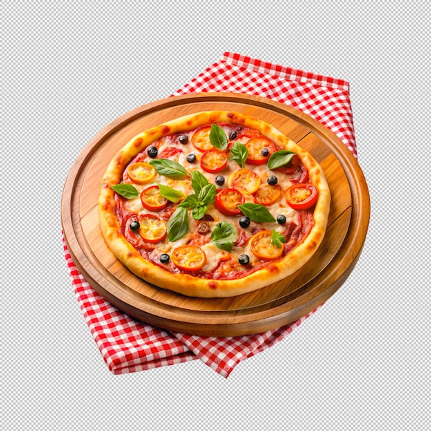pizza op een houten bordplaat met een doek op een doorzichtige achtergrond