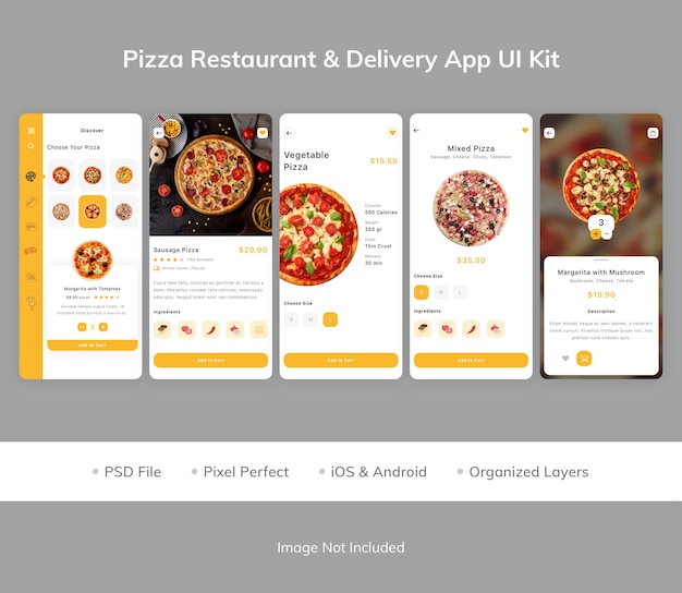 PSD kit ui per l'app di consegna e ristorante pizzeria